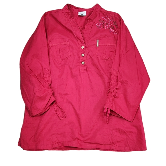 ❤️2/$18 Columbia Floral Embroidered Pink Front Pockets Casual Blouse L - Picture 1 of 10